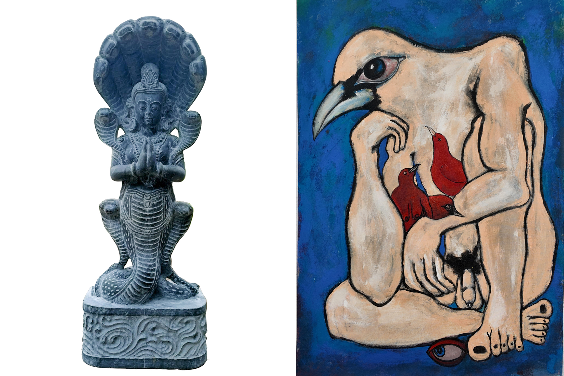 Other artists examine compassion, care and emotional vulnerability with remarkable subtlety. Kapil Mani Dixit's figurative paintings replace conventional notions of beauty with expressive hybrid forms that embody tenderness, sacrifice and unconditional love. His works remind us that genuine humanity often resides not in perfection but in our willingness to protect, nurture and remain vulnerable before others.