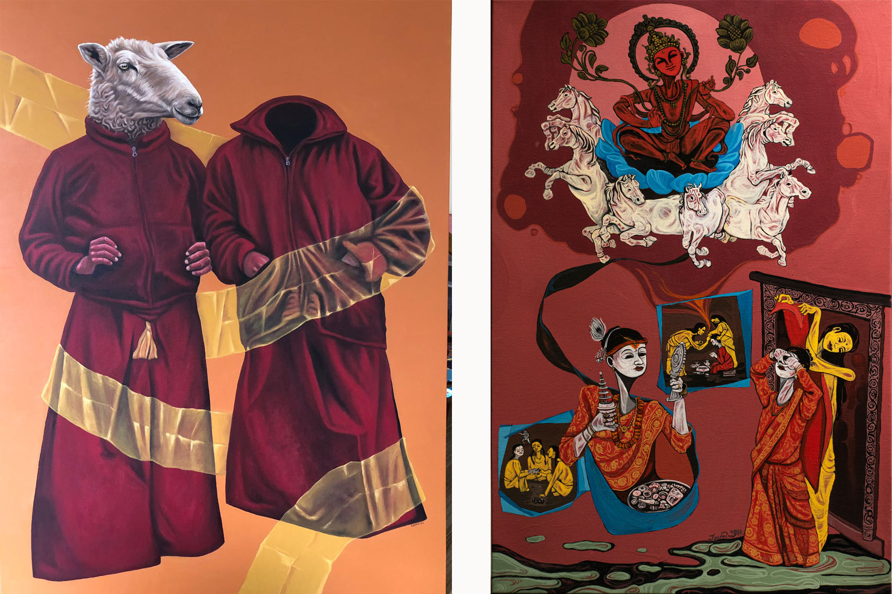 Other artists examine compassion, care and emotional vulnerability with remarkable subtlety. Kapil Mani Dixit's figurative paintings replace conventional notions of beauty with expressive hybrid forms that embody tenderness, sacrifice and unconditional love. His works remind us that genuine humanity often resides not in perfection but in our willingness to protect, nurture and remain vulnerable before others.